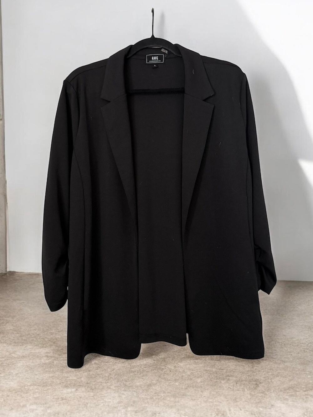 HAVE Los Angeles Sz L Ruched Open Front Blazer Black 3/4 Sleeve Scrunched